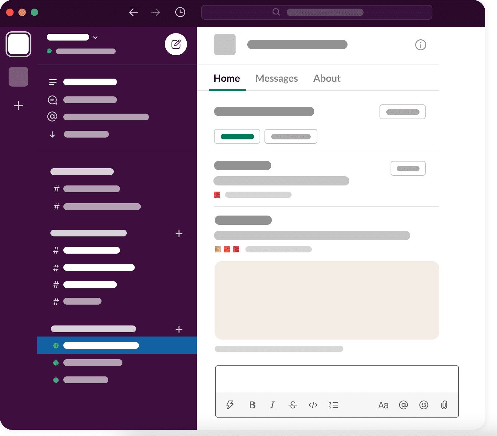 Slack アプリの [Home (ホーム)] タブを表示した Slack UI。