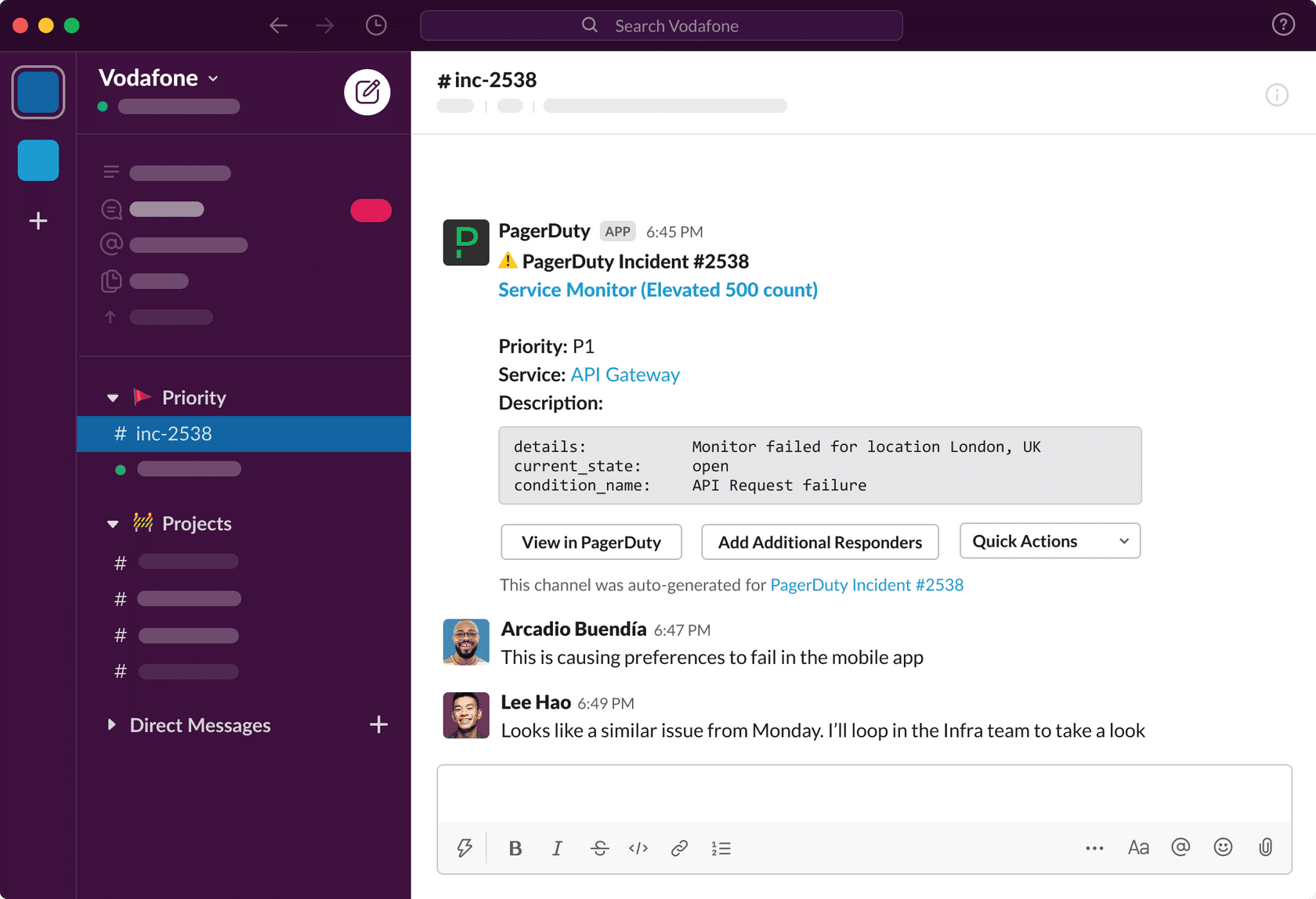 Slack の Vodafone インターフェース。