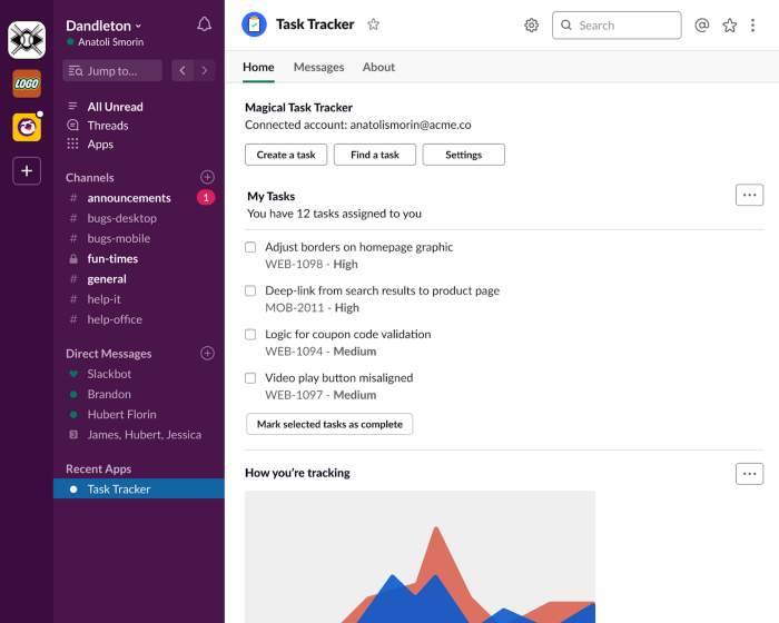 Block Kit コンポーネントのチェックボックスを使用して、[Home (ホーム)] タブに Task Tracker アプリを構築した例。