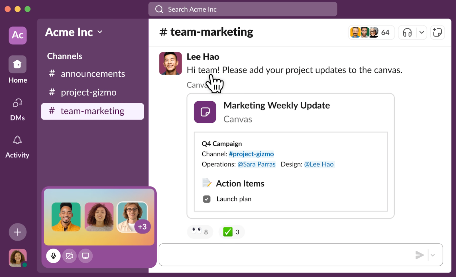 A Group Huddle takes place while browsing content in the marketing team channel.