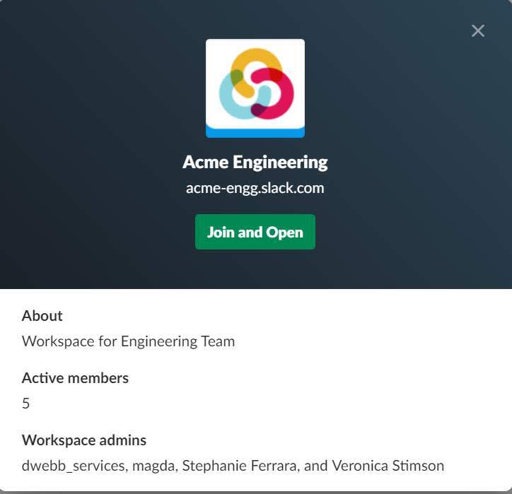 Slack workspace window with a Join and Open button, workspace description, active members, and workspace admins.