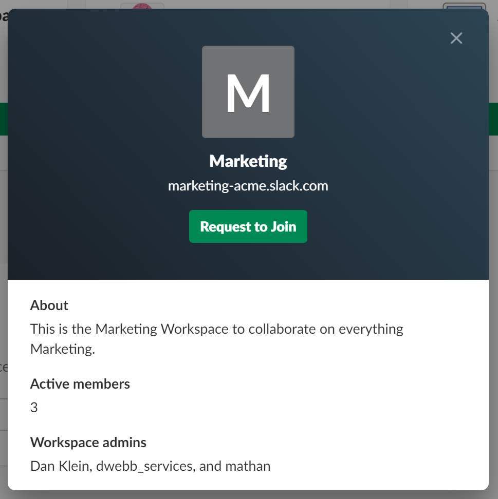 [Request to Join (参加をリクエストする)] ボタン、ワークスペースの説明、アクティブメンバー、ワークスペース管理者が表示されている Slack ワークスペースウィンドウ。