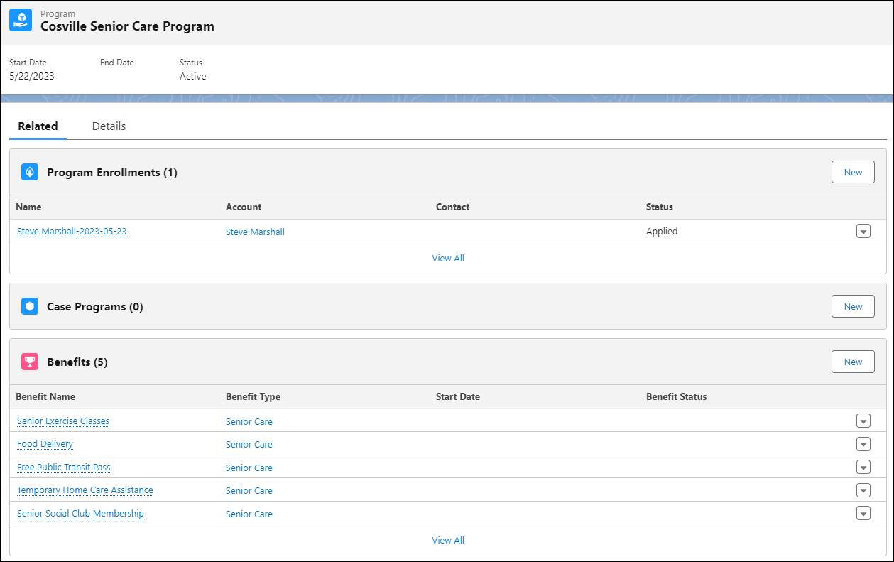 Program Enrollments and Benefits related lists on the Cosville Senior Care Program record.
