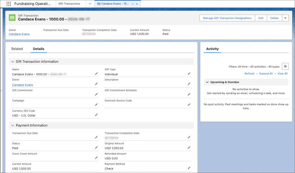 The gift transaction includes payment status information.