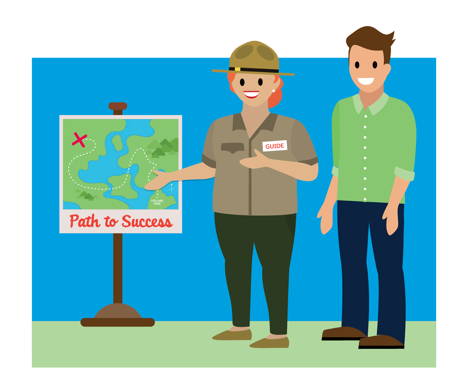Une guide montrant joyeusement à un homme enthousiaste une carte indiquant le chemin de la réussite.