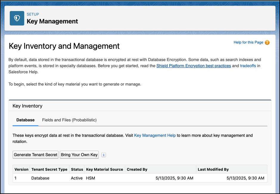 データベースの暗号化用の [Key Management (鍵の管理)] ページ。