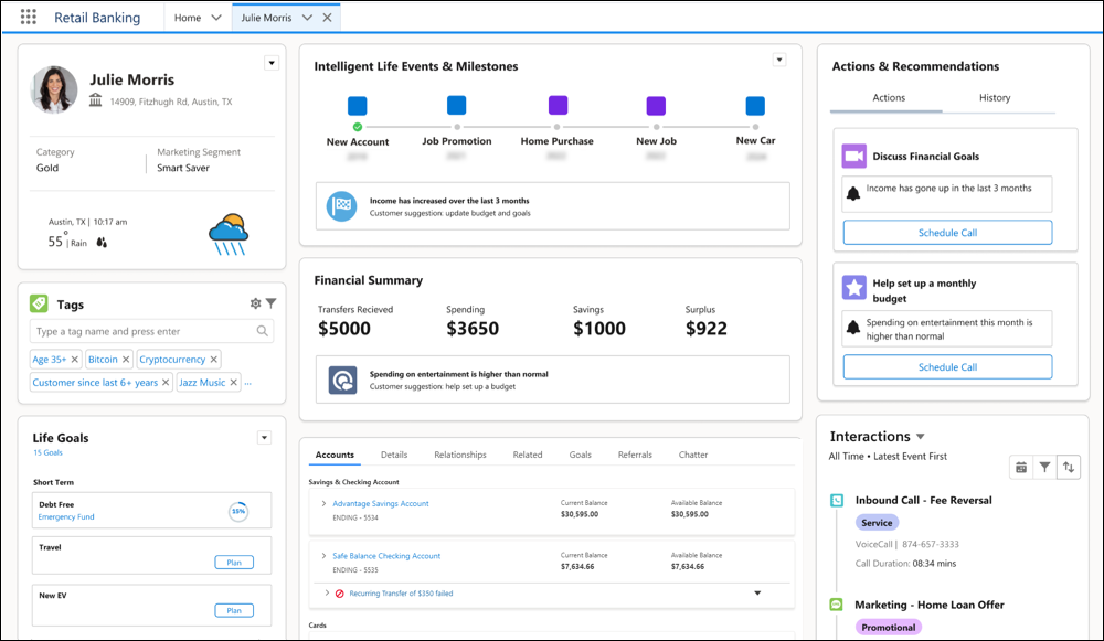 A customer profile layout in the retail banker console.
