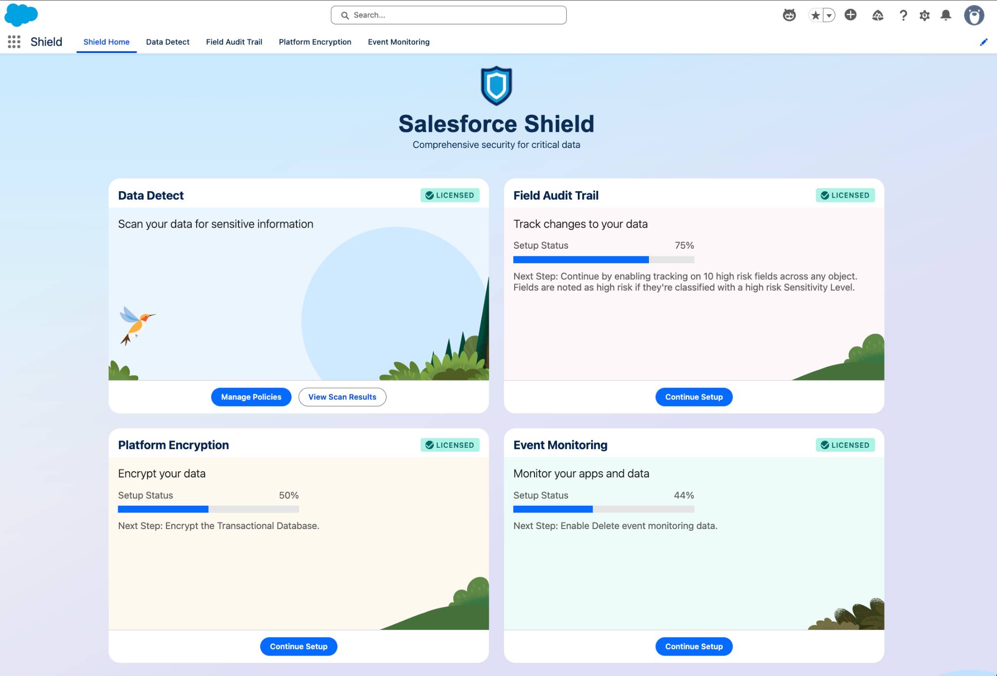 New Salesforce Shield homepage with Data Detect, Field Audit Trail, Platform Encryption, and Event Monitoring setup modules.