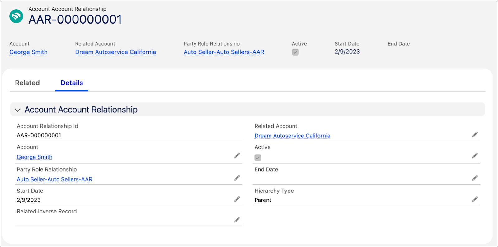 An example of an account account relationship record.