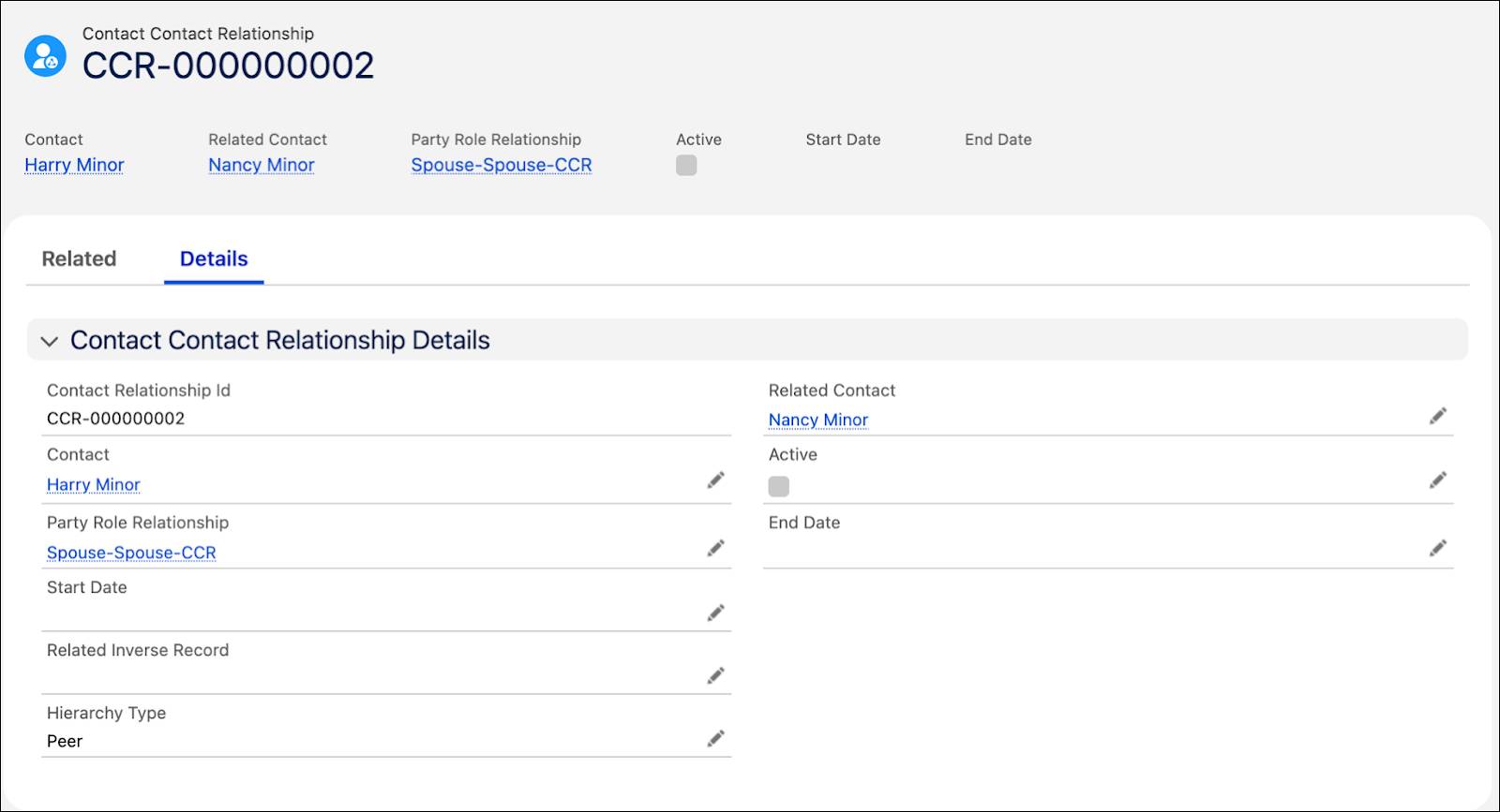 An example of a contact contact relationship record.
