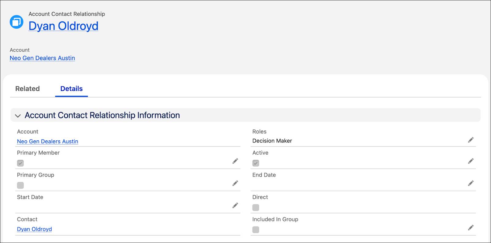 An example of an account contact relationship record.