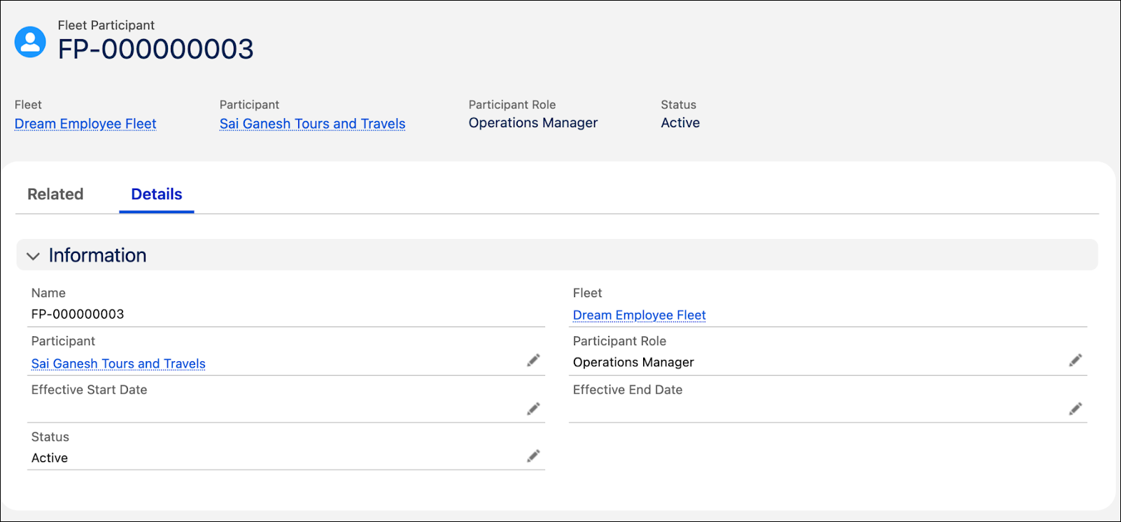 An example of a fleet participant record.