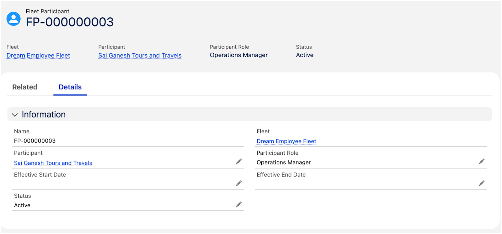 An example of a fleet participant record.