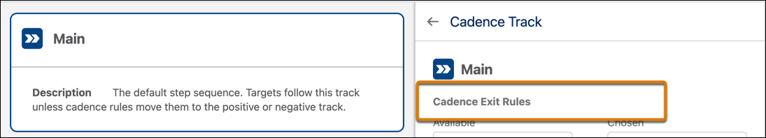Cadence Exit Rules highlighted for the Main Cadence Track.