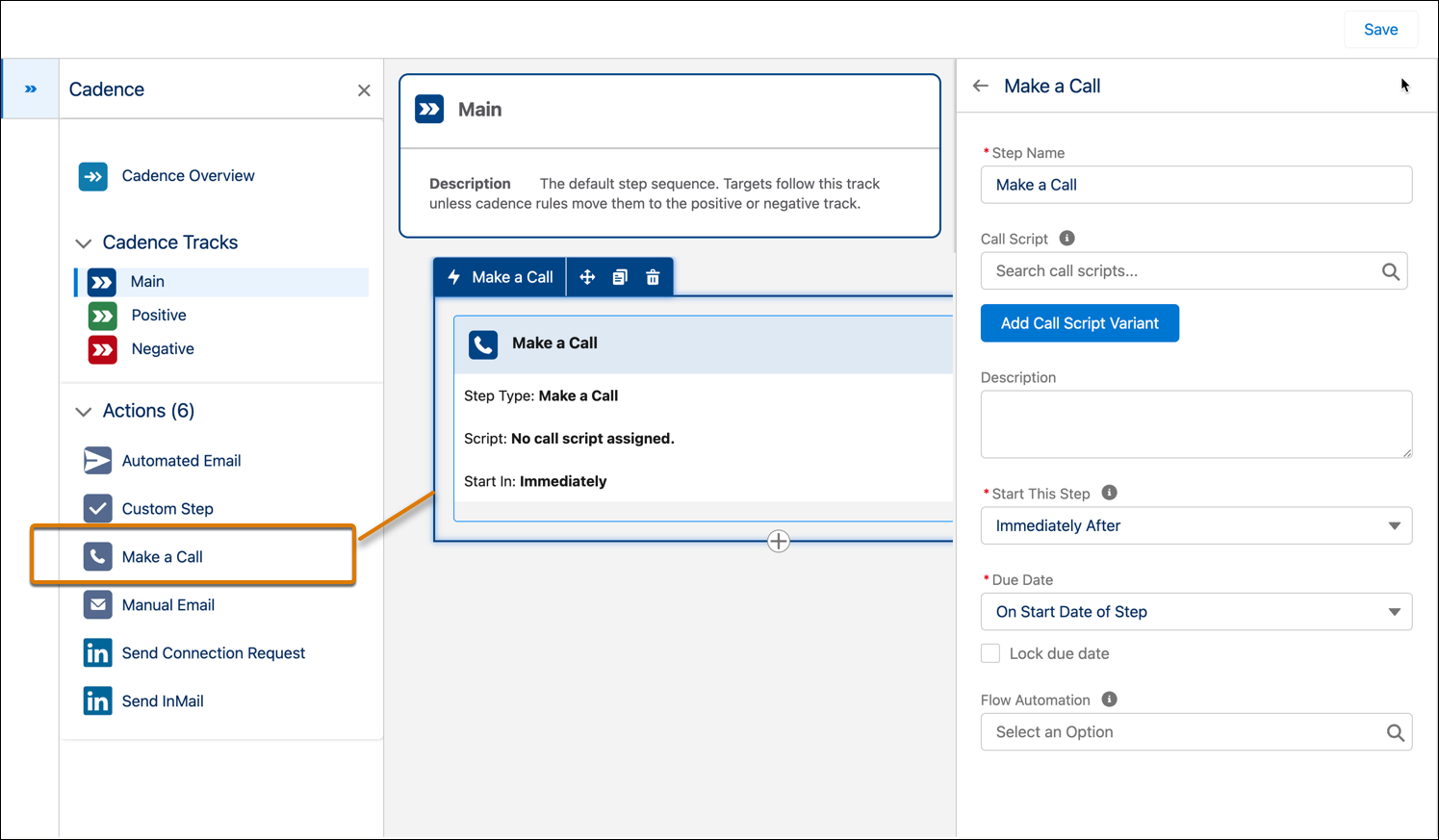 Make a Call action is added to the main track.