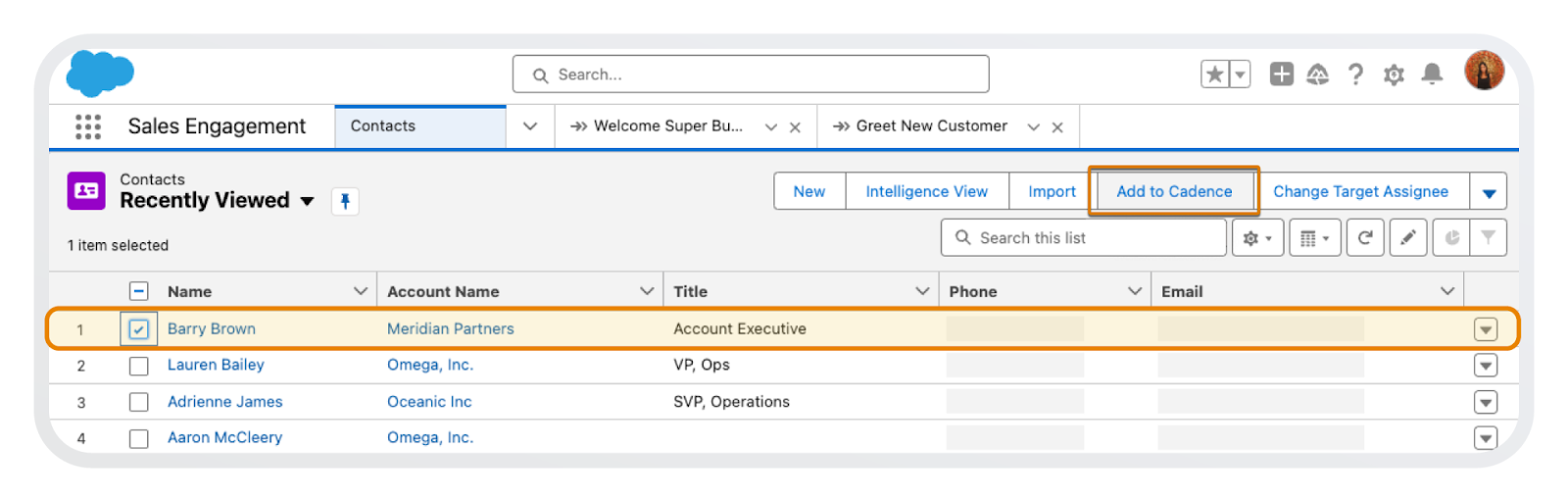 List view of contacts with checkboxes selected and Add to Cadence button highlighted.