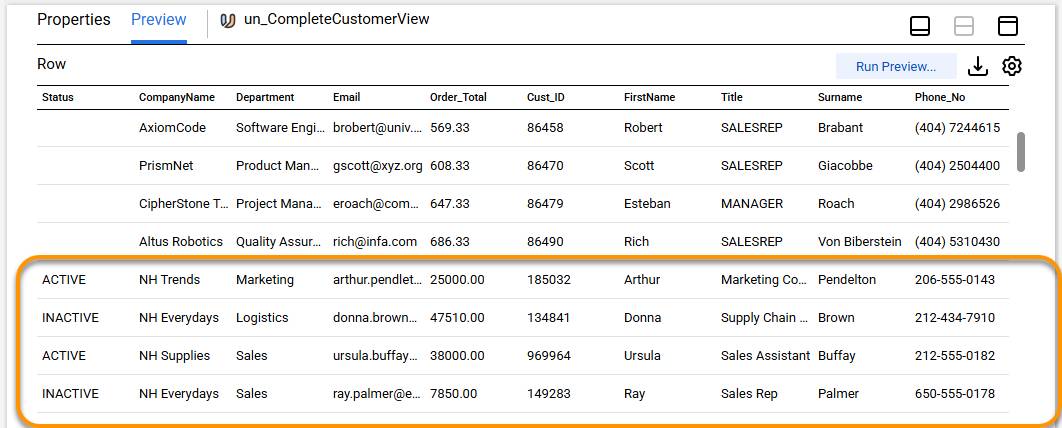 Data Preview table showing a combined vertical list of customer records merged from the enterprise and retail source streams.