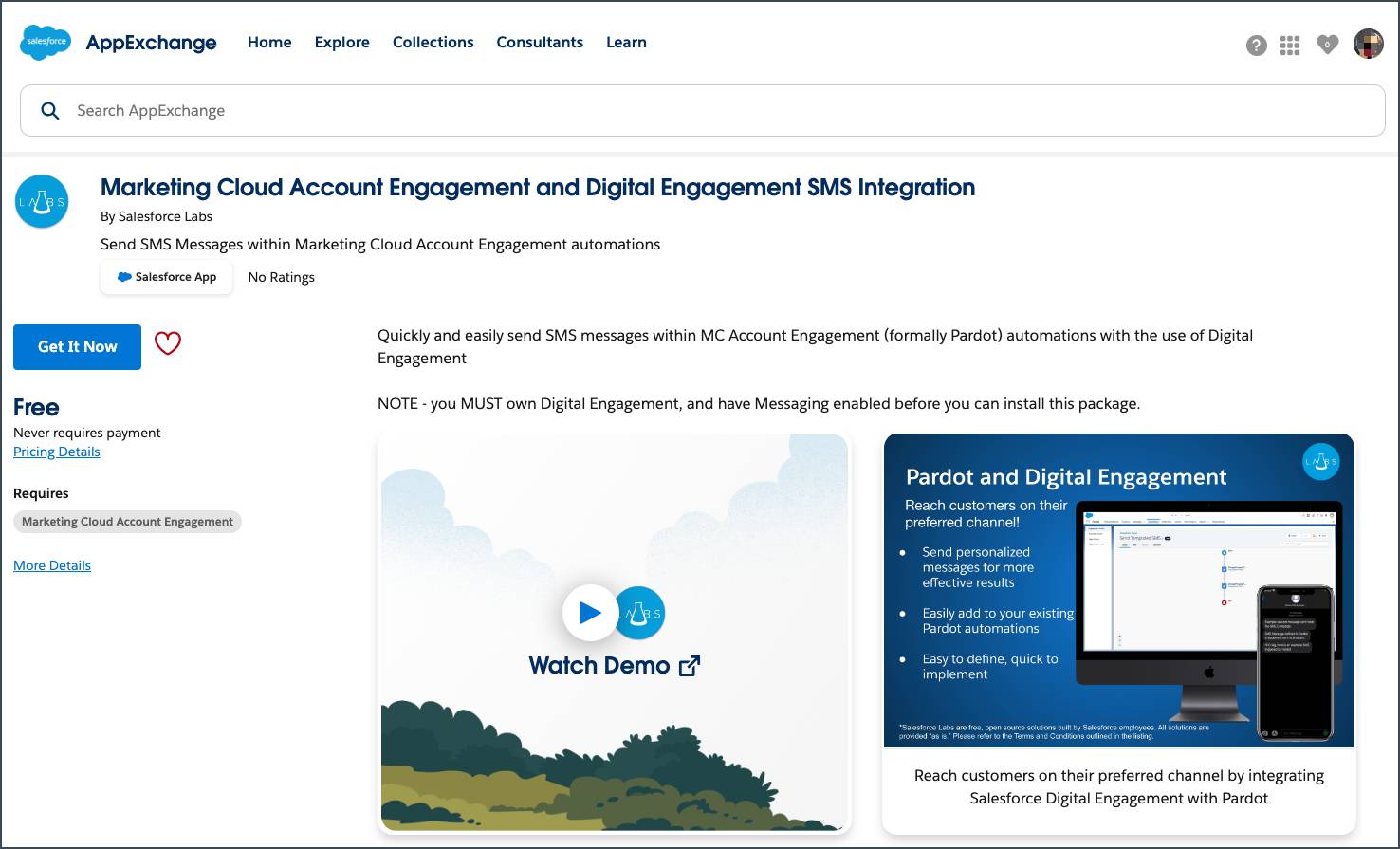 A página de integração do AppExchange Marketing Cloud Account Engagement com SMS Digital.