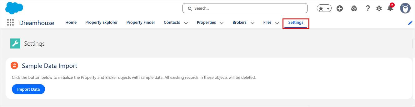 Scheda Settings (Impostazioni) di Dreamhouse con il pulsante Import Data (Importa dati).