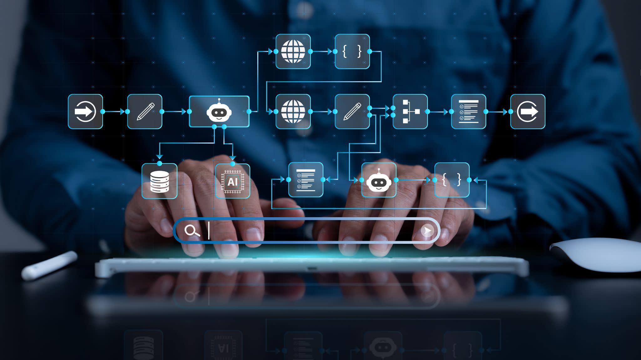 A flow chart of icons hovering over hands typing on a keyboard representing the configuration of apps and tasks.