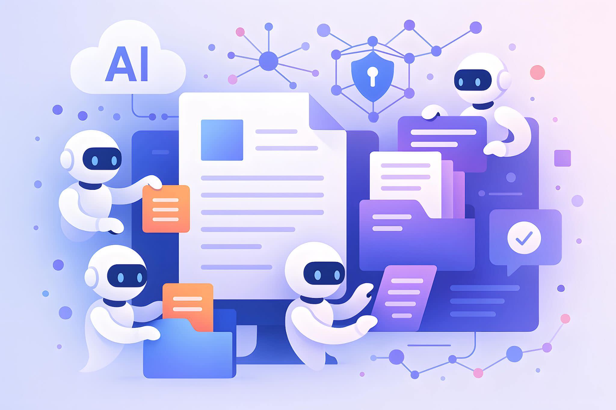 Several AI agents performing random filing and data management tasks representing a chaotic deployment with no order.