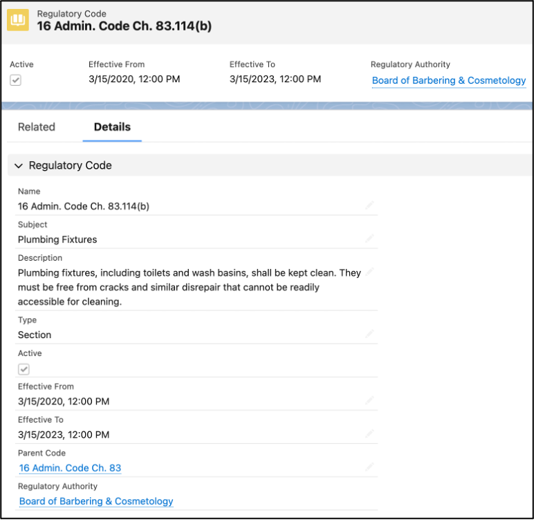 The Details tab of a Regulatory Code record page.
