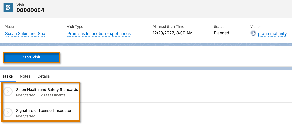 Tasks listed within the Visit Record.