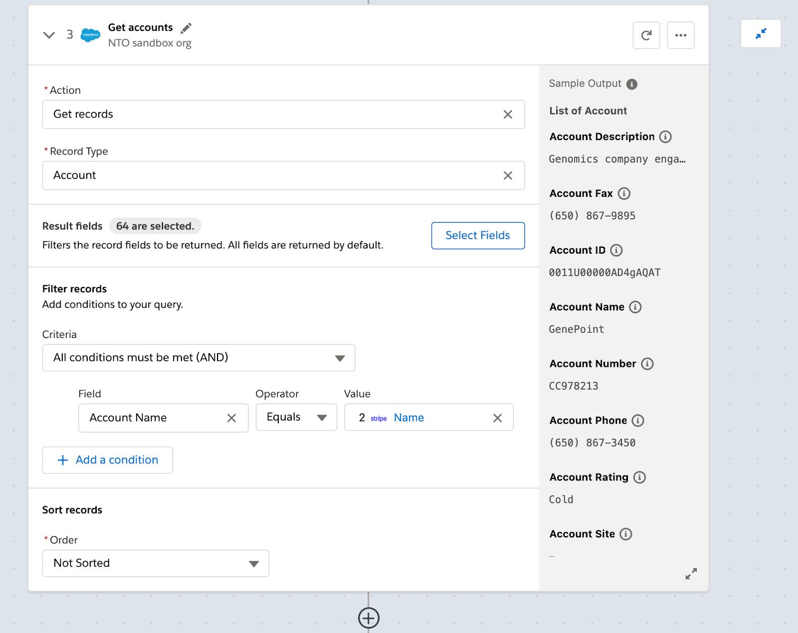 Stripe の顧客名と同じ名前の取引先が表示されているフローのステップ 3。