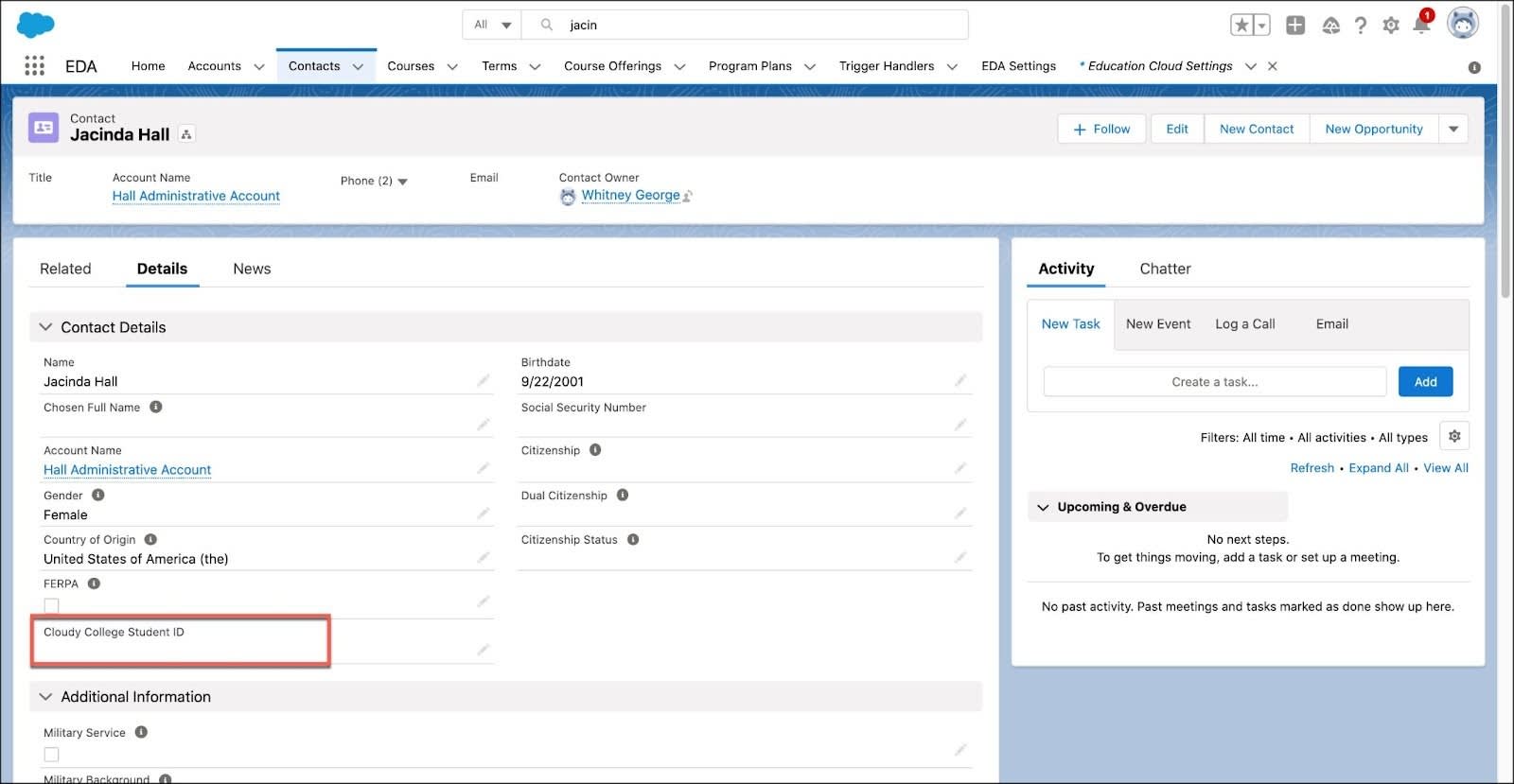 The Cloudy College Student ID Field can be viewed on the Contact record on the Details tab.