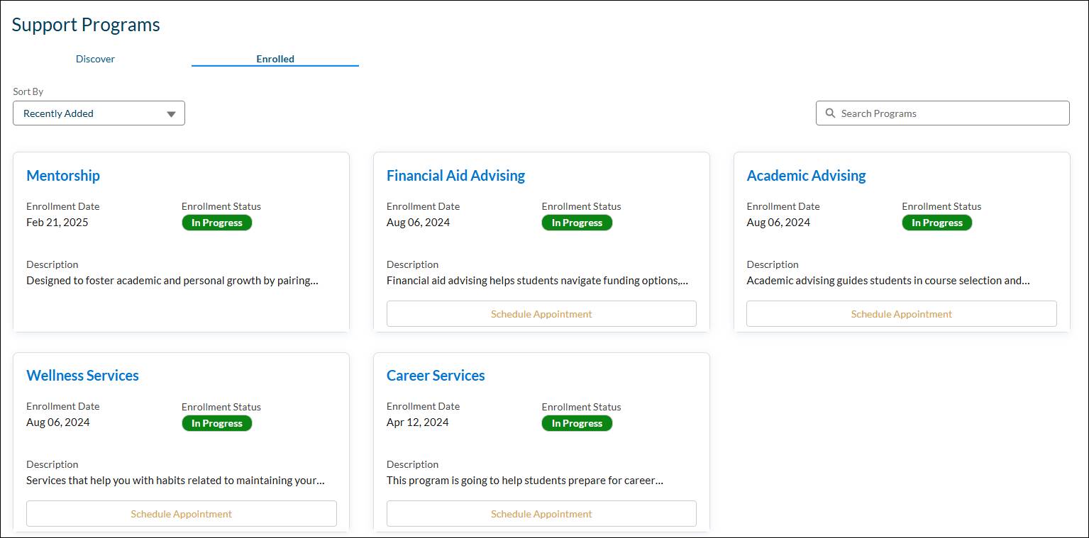 The Support Programs tab screen.