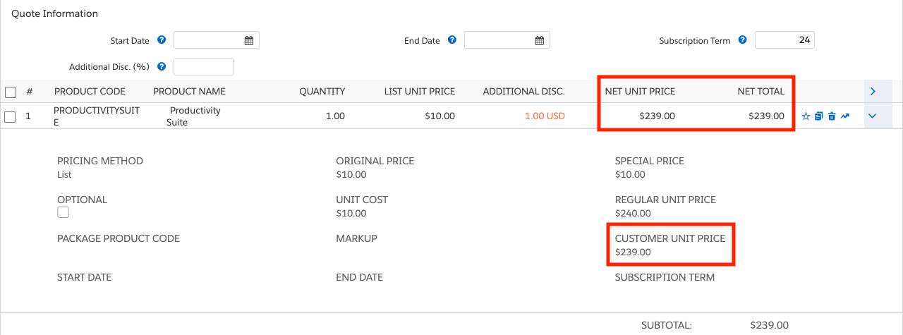 Quote Line Editor with Quote Line Drawer open to show discounting result