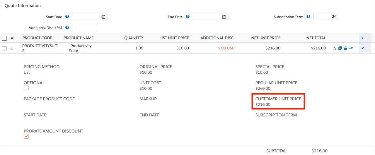 Quote Line Editor with Quote Line Drawer open to show Prorate Amount Discount