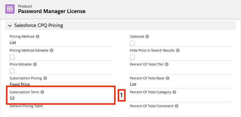 Product record with Subscription Term set to 12