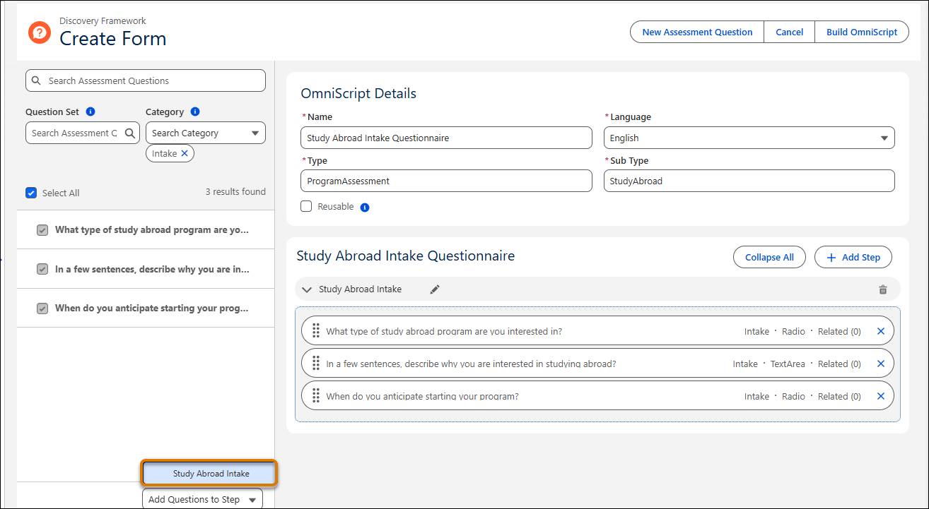 Study Abroad Intake in the Add Question To Step selection menu.