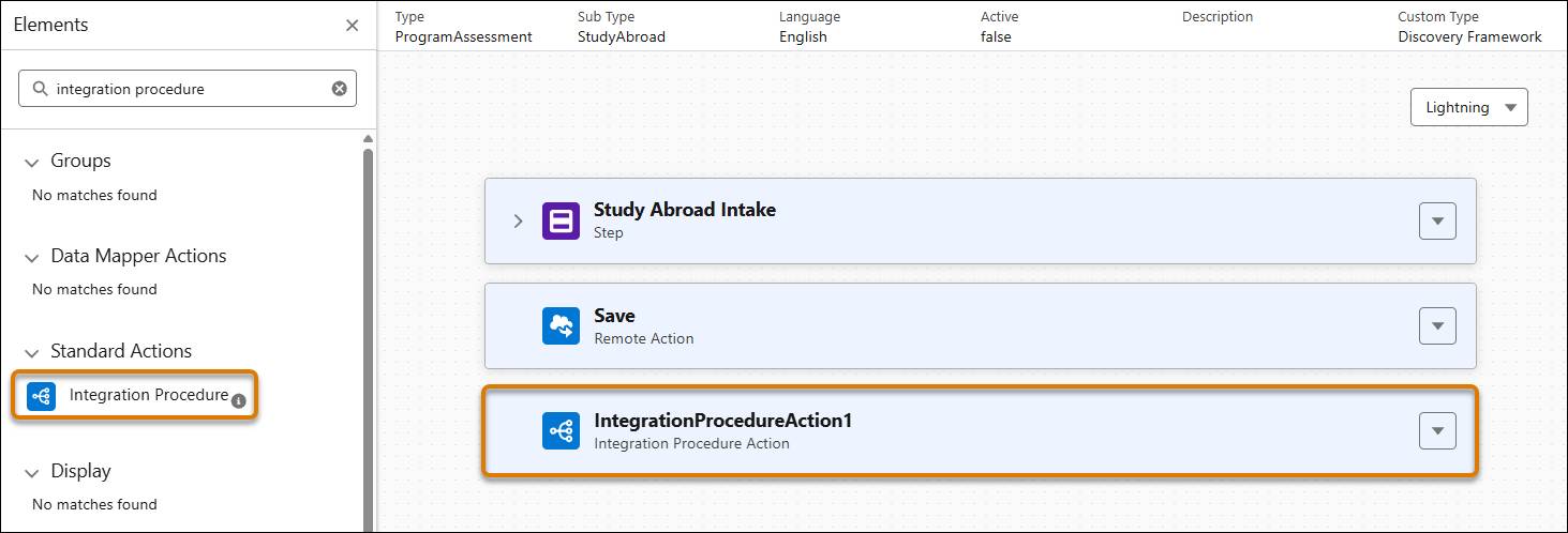 Integration Procedure action in the Omniscript Builder canvas.