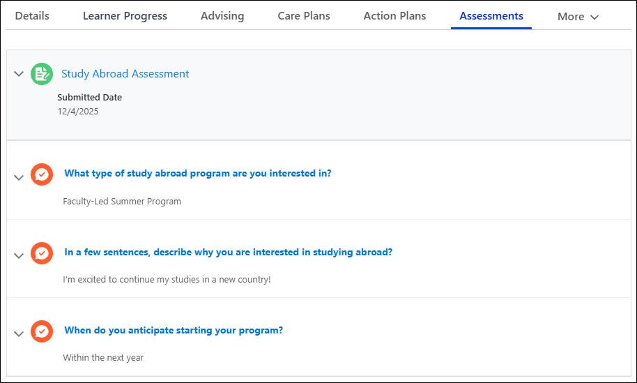 Study Abroad Assessment responses on the Assessments tab of the case record.