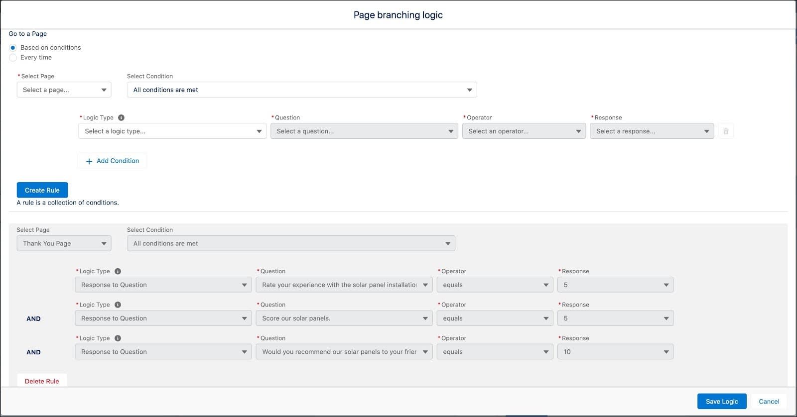 Page branching logic modal in which a branching logic for a page is already saved.