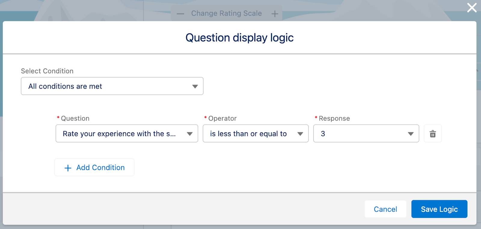 Cuadro de diálogo modal Lógica de visualización de preguntas en el que se define la lógica de visualización de una pregunta.