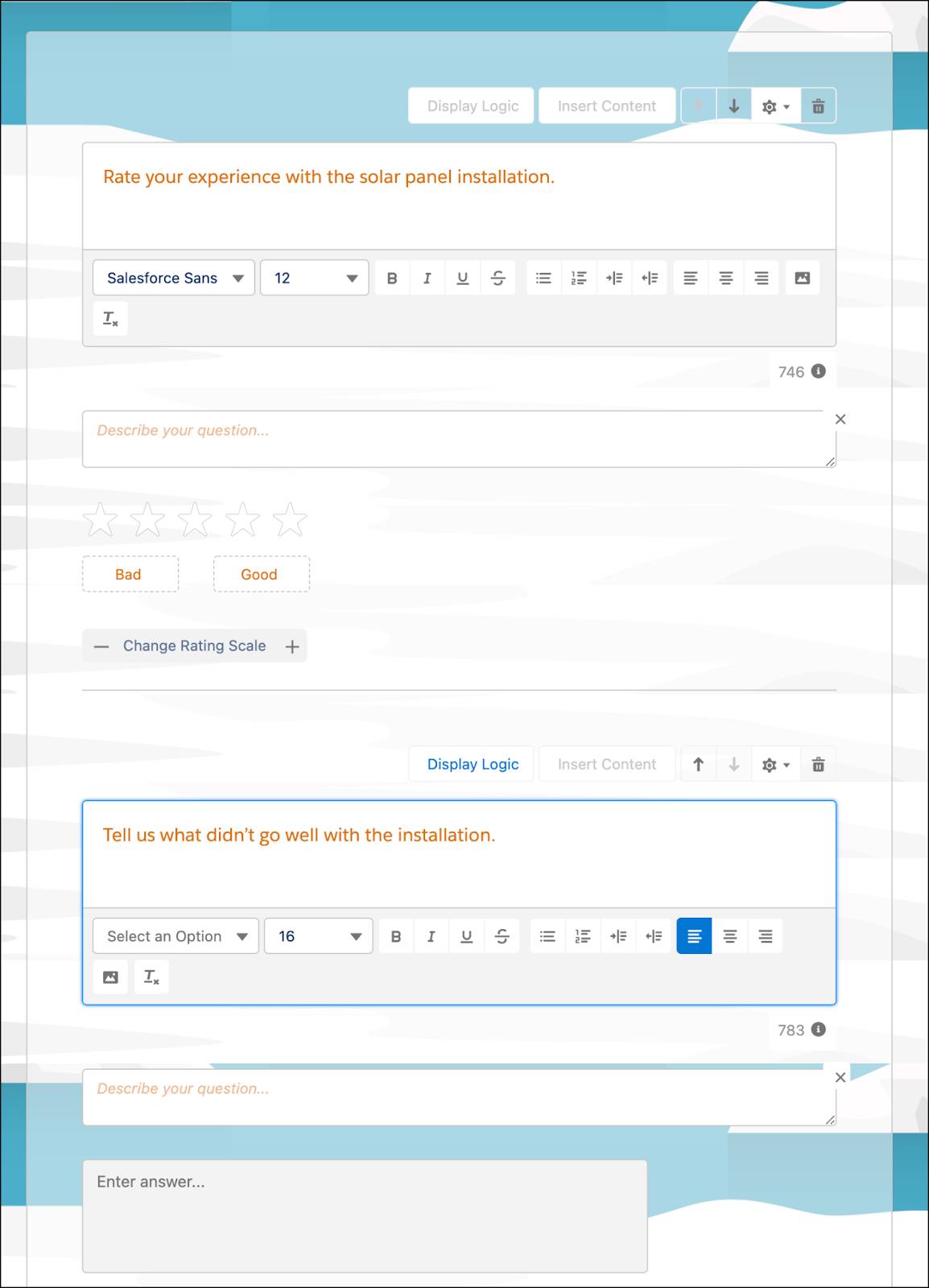 Duas perguntas no Survey Builder.