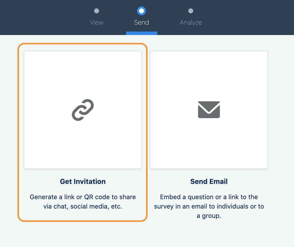 As opções Obter convite e Enviar email na guia Enviar do Survey Builder.