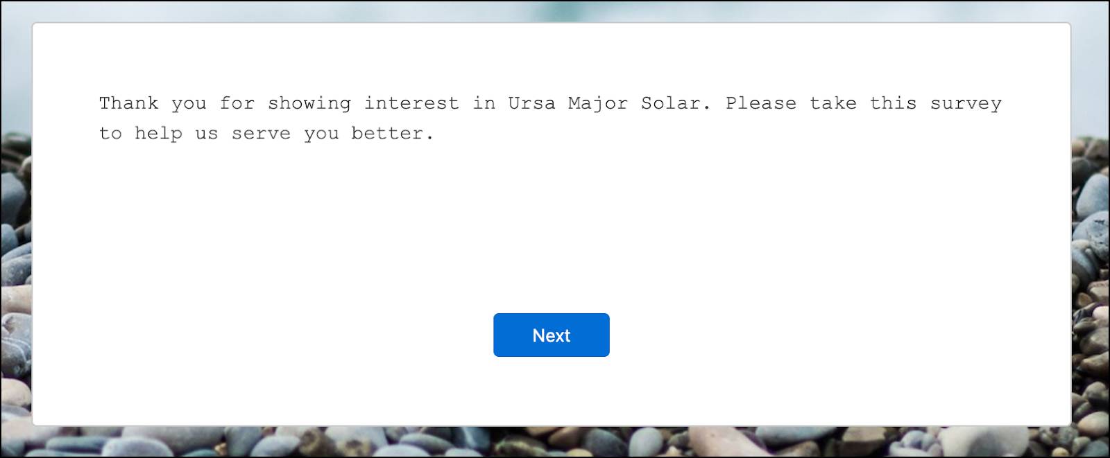 The thank you page modal where the thank you message for the survey is displayed