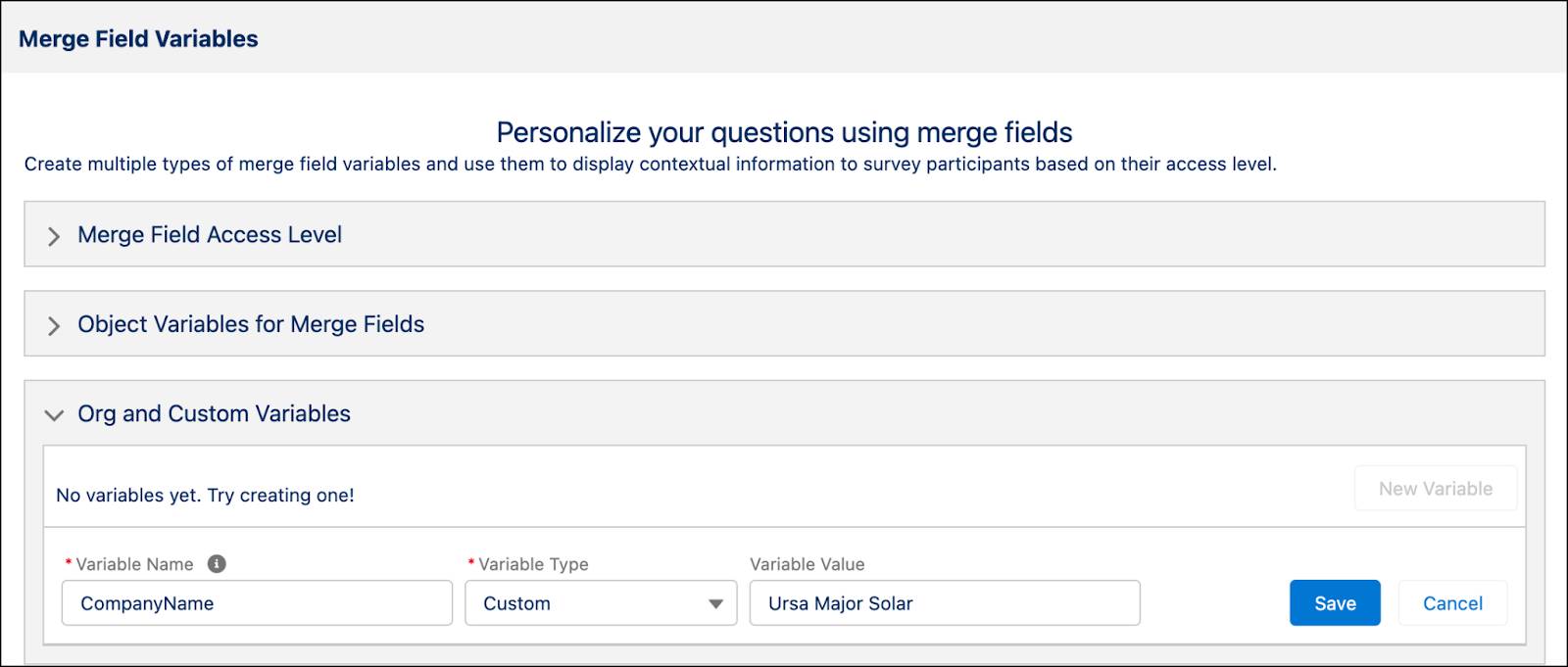 The surveys merge field window.