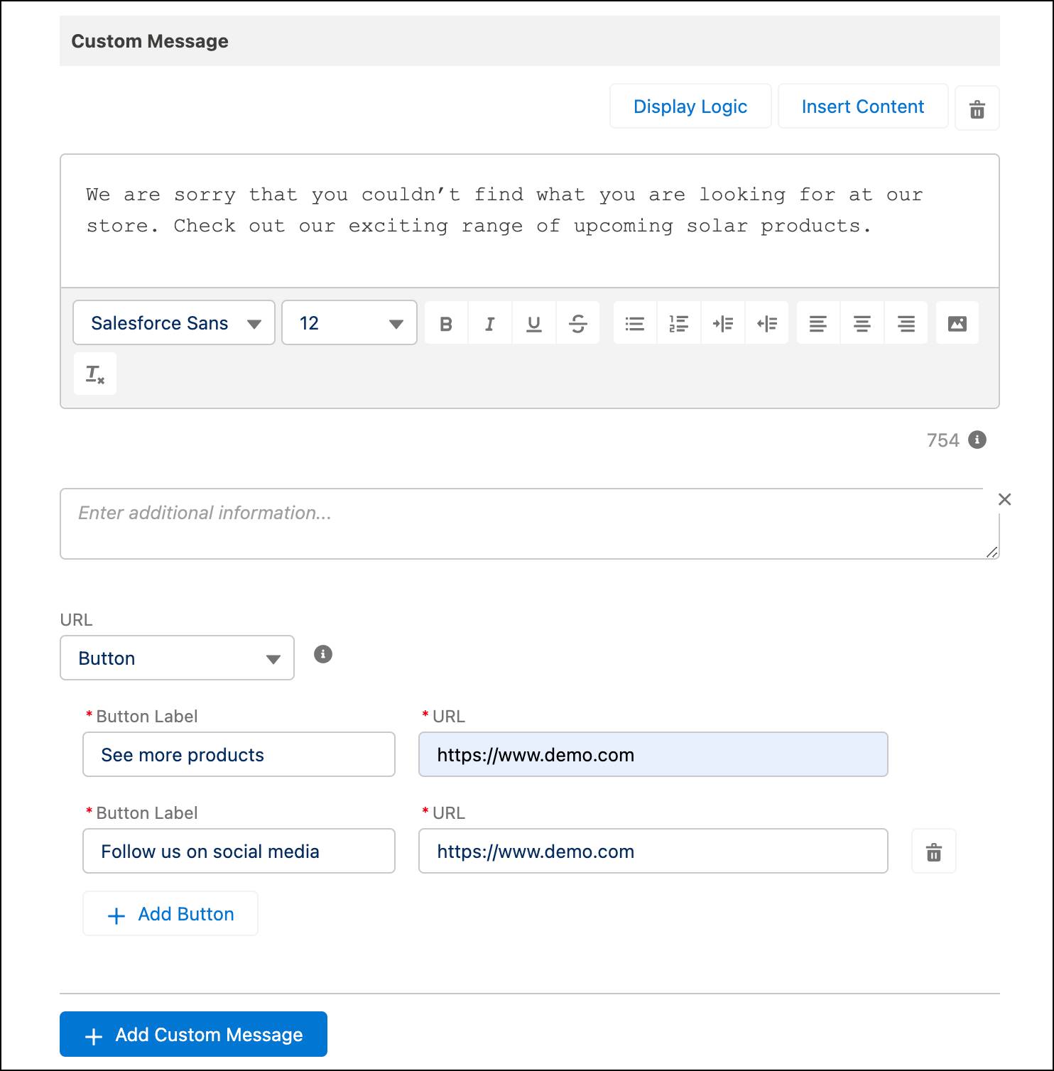 The Custom Message window in the thank you page with URL button labels.