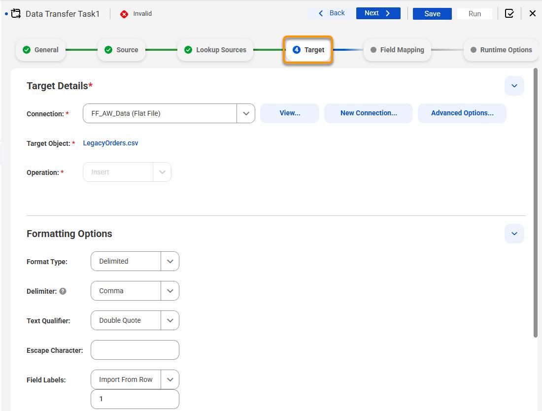 Target Tab to configured to write the data to a flat file LegacyOrders.csv.
