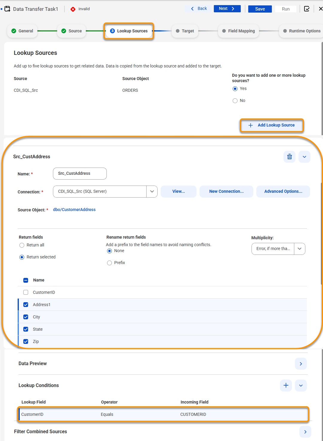 The Lookup Source Tab has been configured to look up and return Address data where the Customer ID is the same in both datasets.