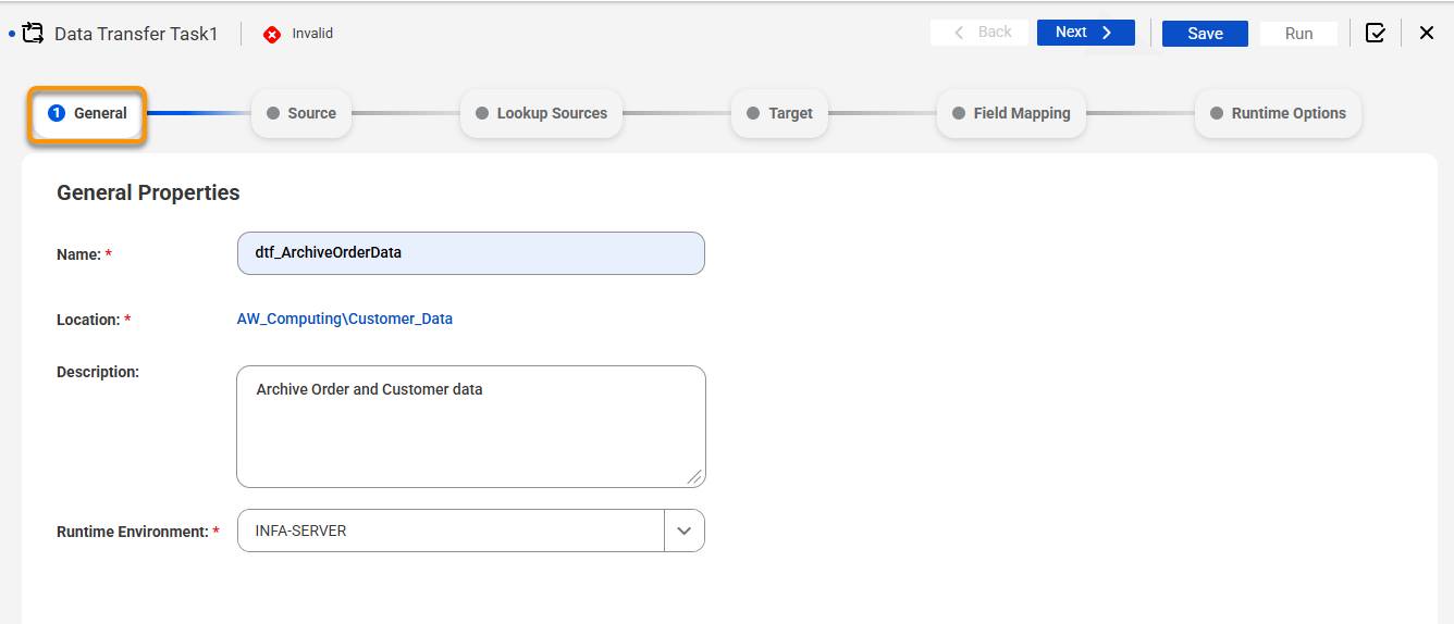 General Tab in a Data Transfer Task being configured to archive Order and Customer data.