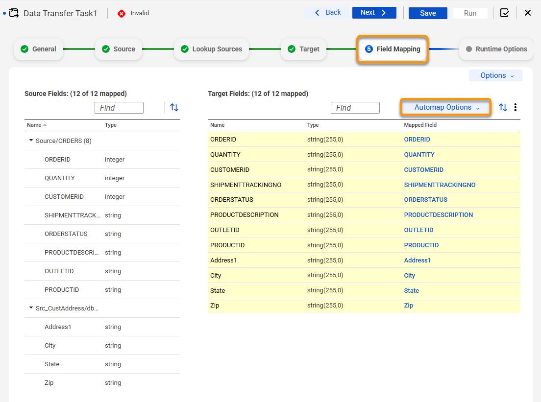 Field Mapping tab in a Data Transfer Task mapping the fields from both data objects to the output target.