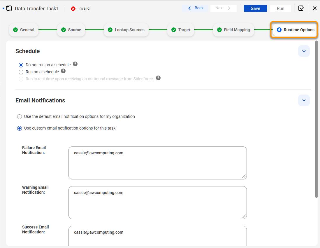 Runtime Options Tab in a Data Transfer Task configured to send notification emails on failure, warning or success.