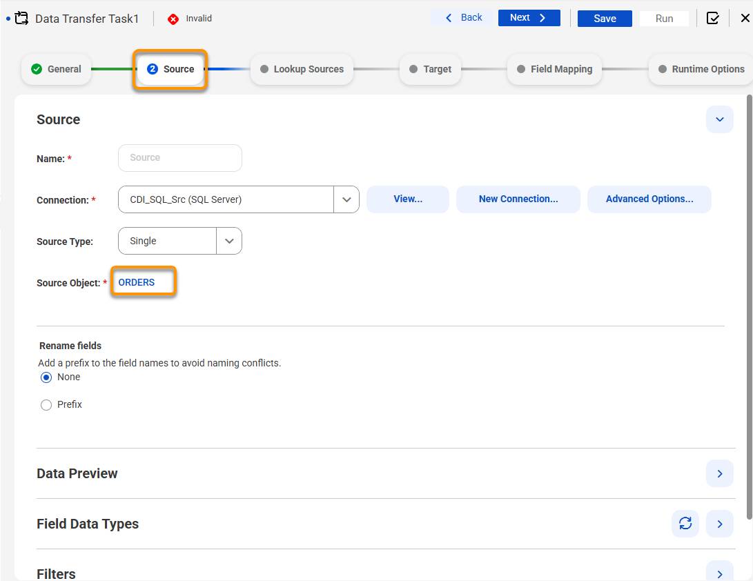 Source Tab in a Data Transfer Task being configured to source data from an Orders SQL Server table and previewing the data below.