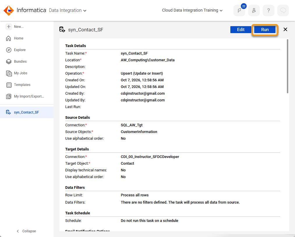 Configured Synchronization Task to upsert data from a SQL Server table to the Salesforce target object.